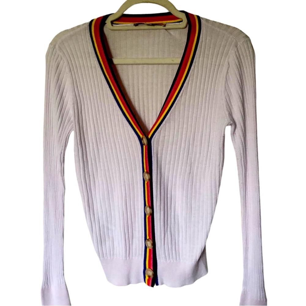 LOFT White Cardigan with Multicolor Trim